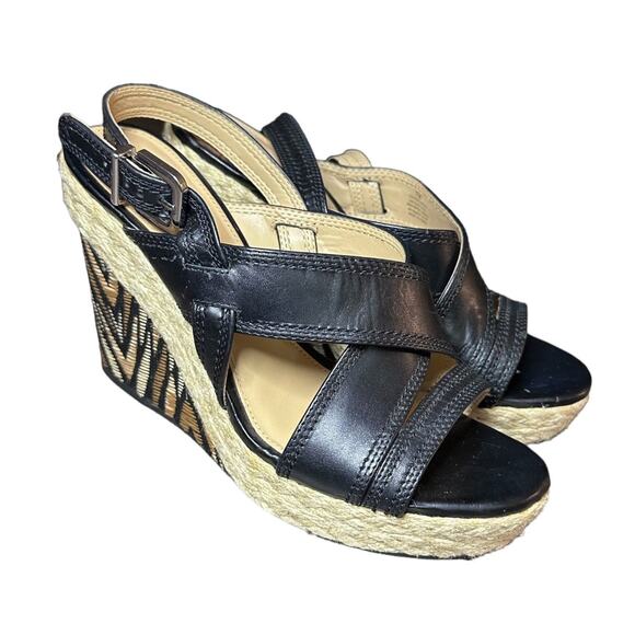 Antonio Melani Espadrille Wedge Sandals Size 7M black leather and jute open toe - Picture 1 of 14